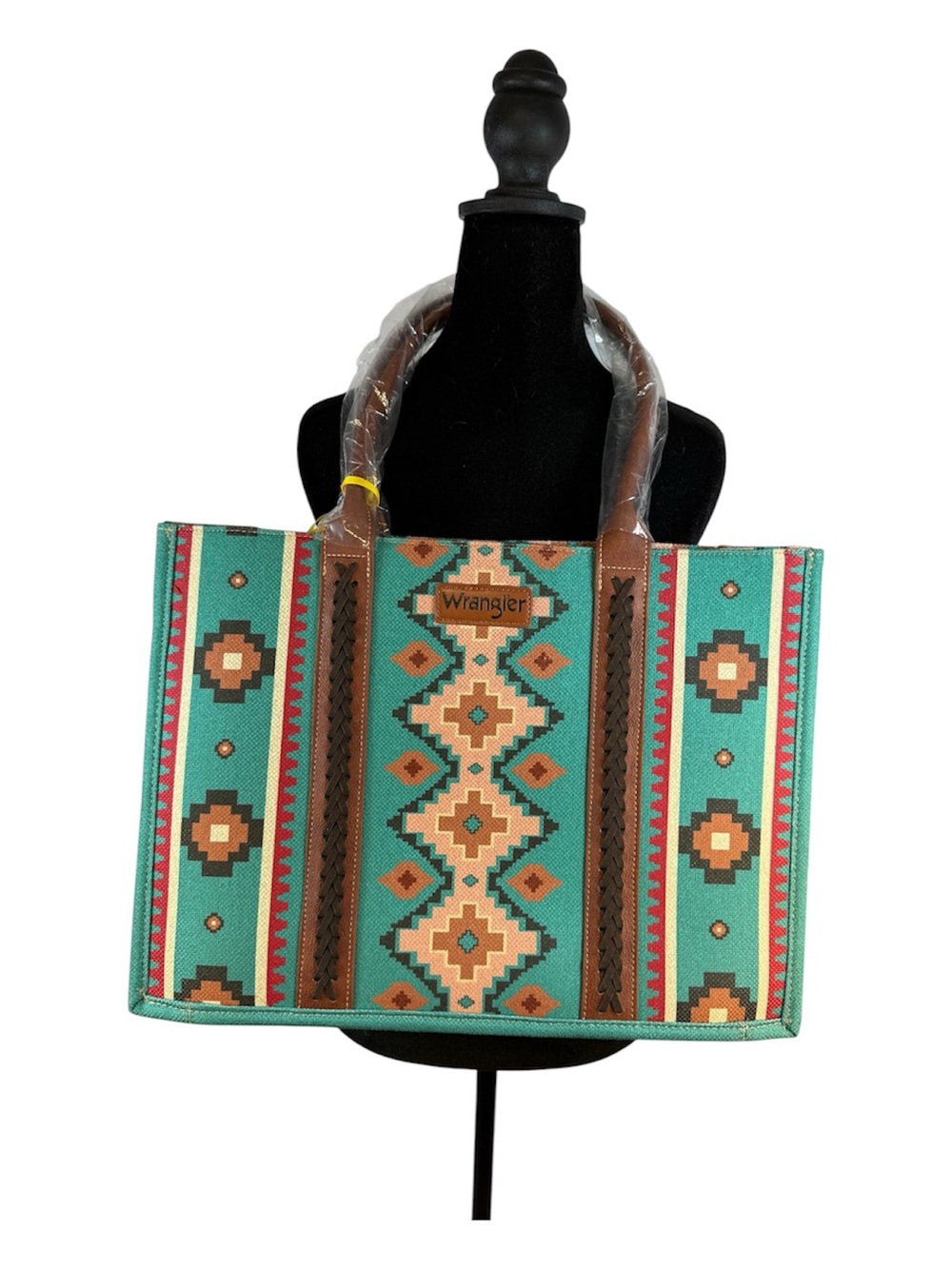 NWT Wrangler Aztec Western Canvas Tote Bag Turquoise Brown Southwestern Purse - Picture 2 of 9